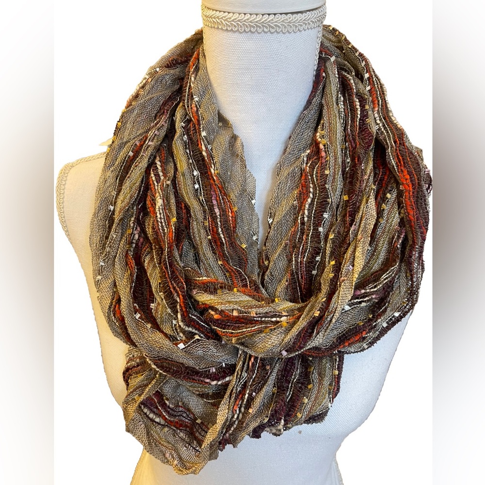 Neutral Taupe Infinity Scarf with Rust and Gold Accents